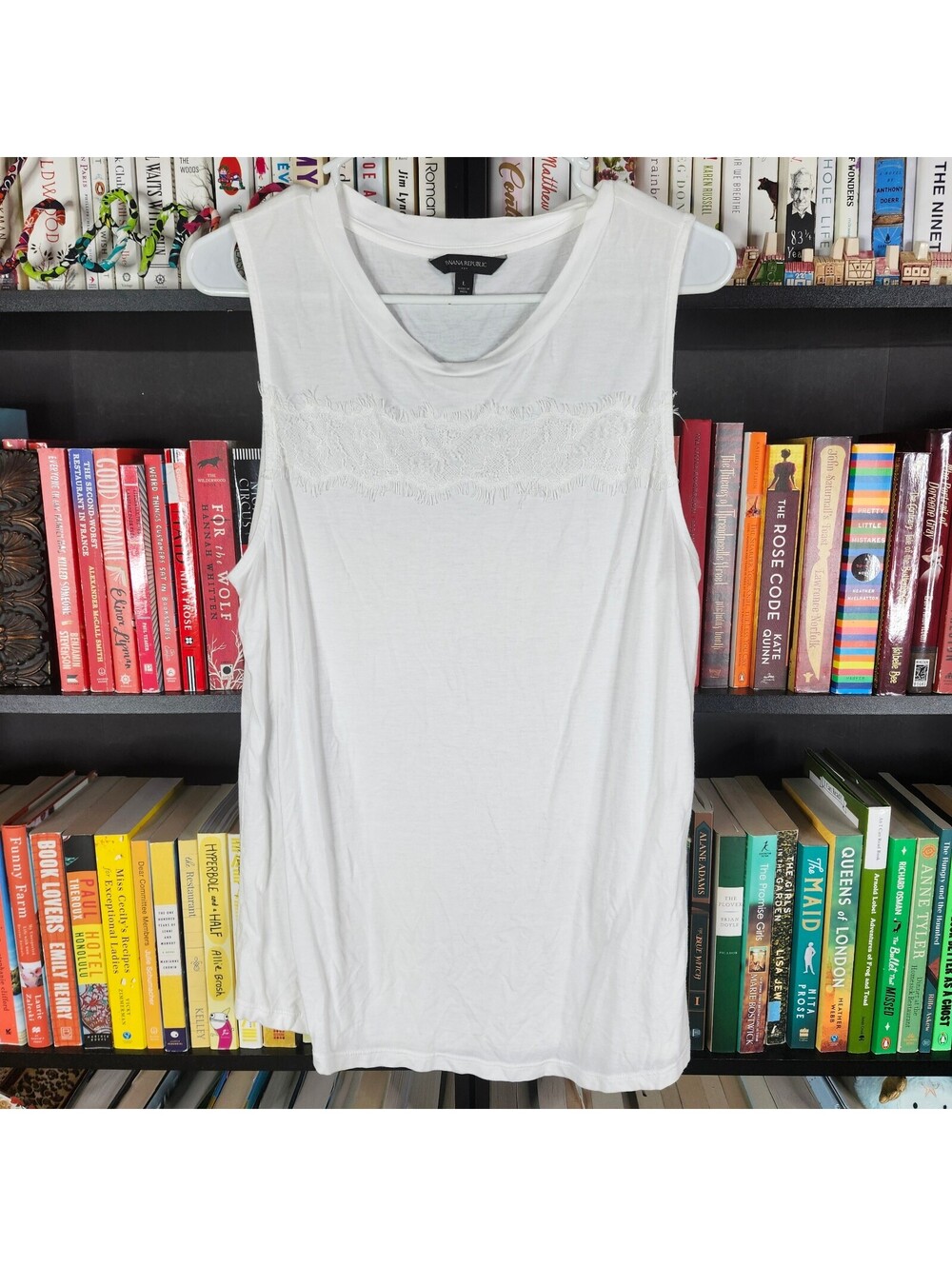 Banana Republic White Lace Inset Sleeveless Draped Neck Top Size Large
